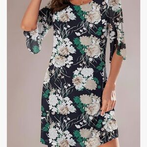 weaczzy Navy Floral Midi Dress with Green Accents